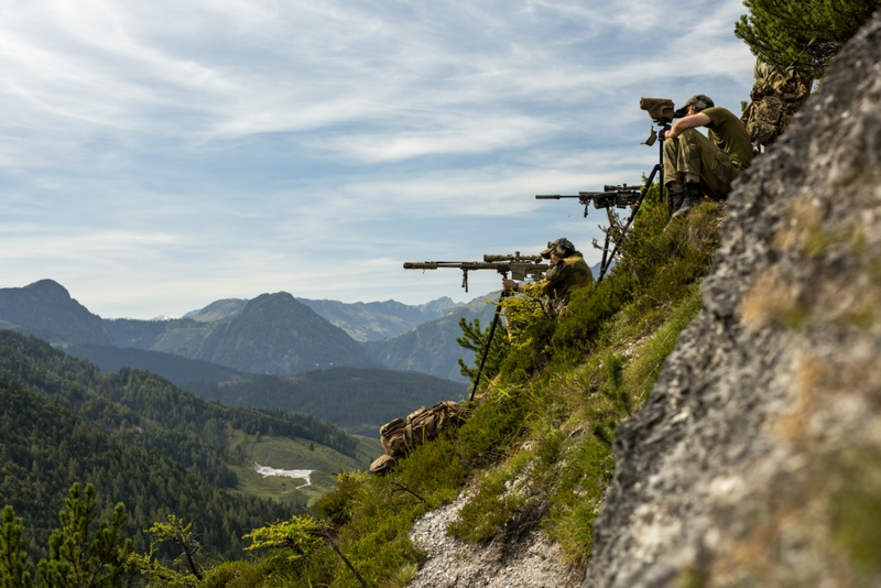 A Norwegian Army Telemark Battalion sniper team during the International Special Training Centre High-Angle/Urban Course at the Hochfilzen Training Area, Austria